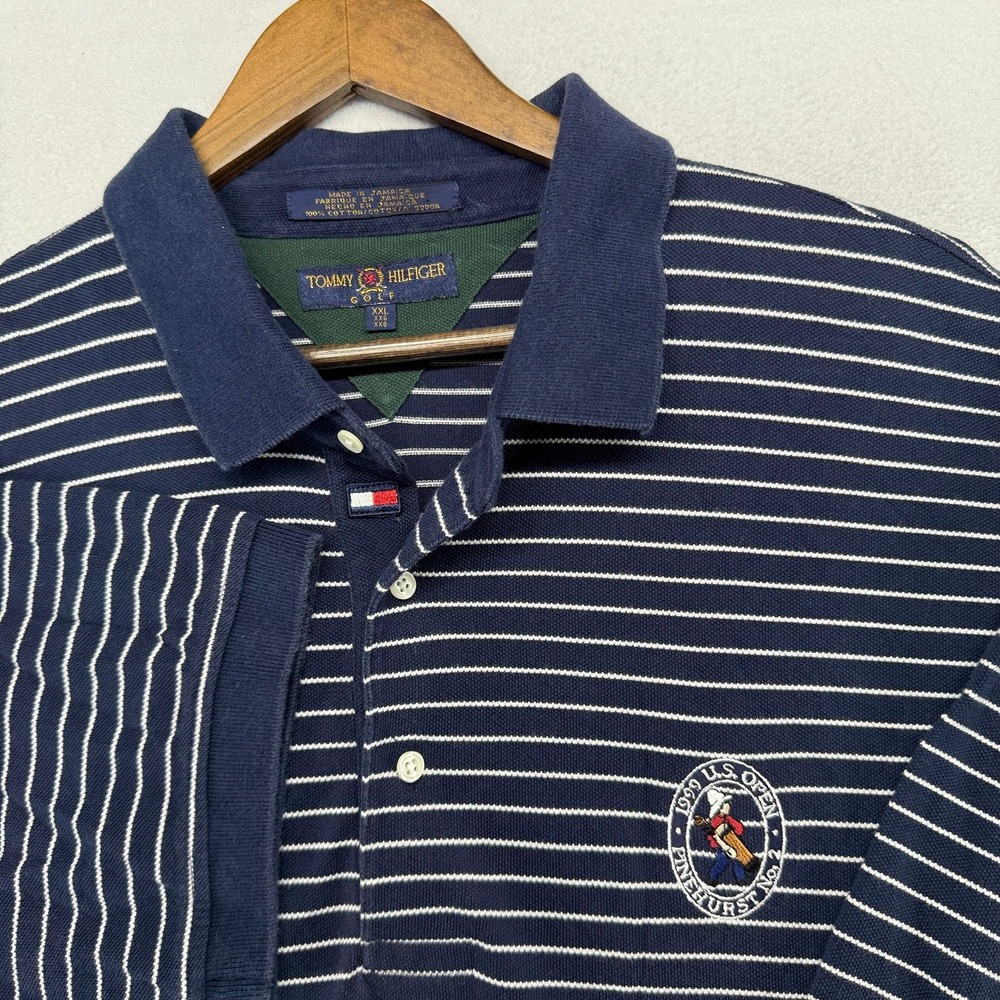 Vintage Tommy Hilfiger Polo Shirt 2XL Blue 1999 US Open Pinehurst knit Golf 90s
